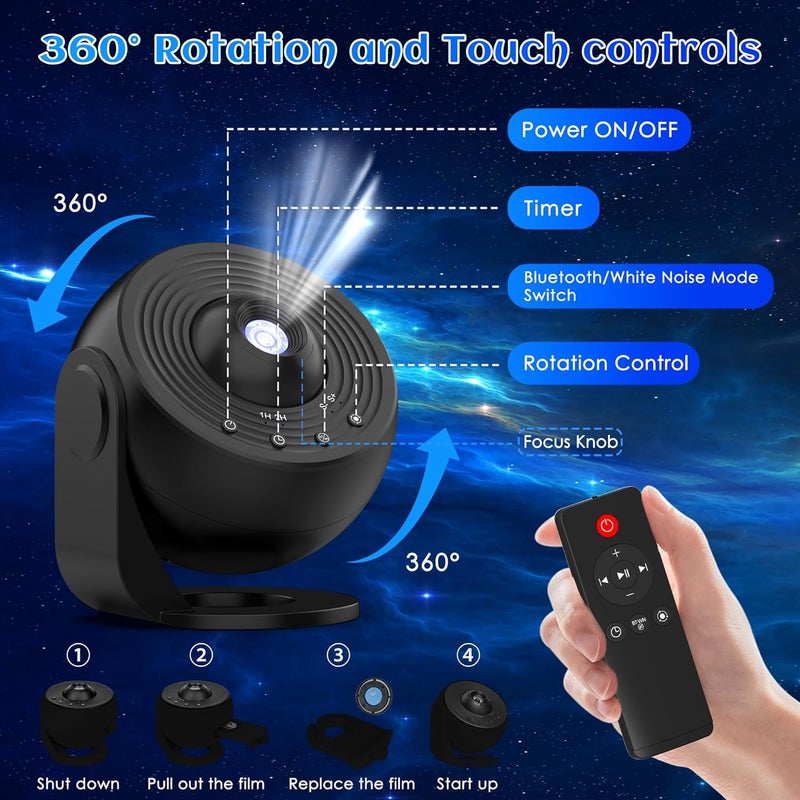 Ysonla Galaxy Projector for Bedroom Pro Version, HD 12 in 1 Film Discs Star Projector with Bluetooth Galaxy Light, Planetarium Projector with Timer, White Noise, 360 ° Rotation, Remote Control，Black - Image 5